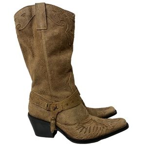 Mia Thunderbird Rockstar Tan Suede Leather Boots Applique Cowboy Western Size 8